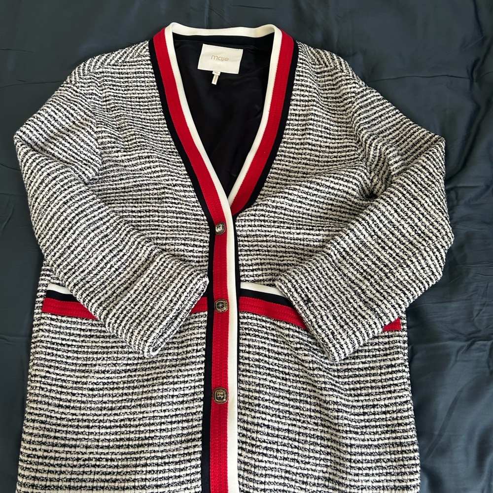 Maje Striped Cardigan with Red Accents